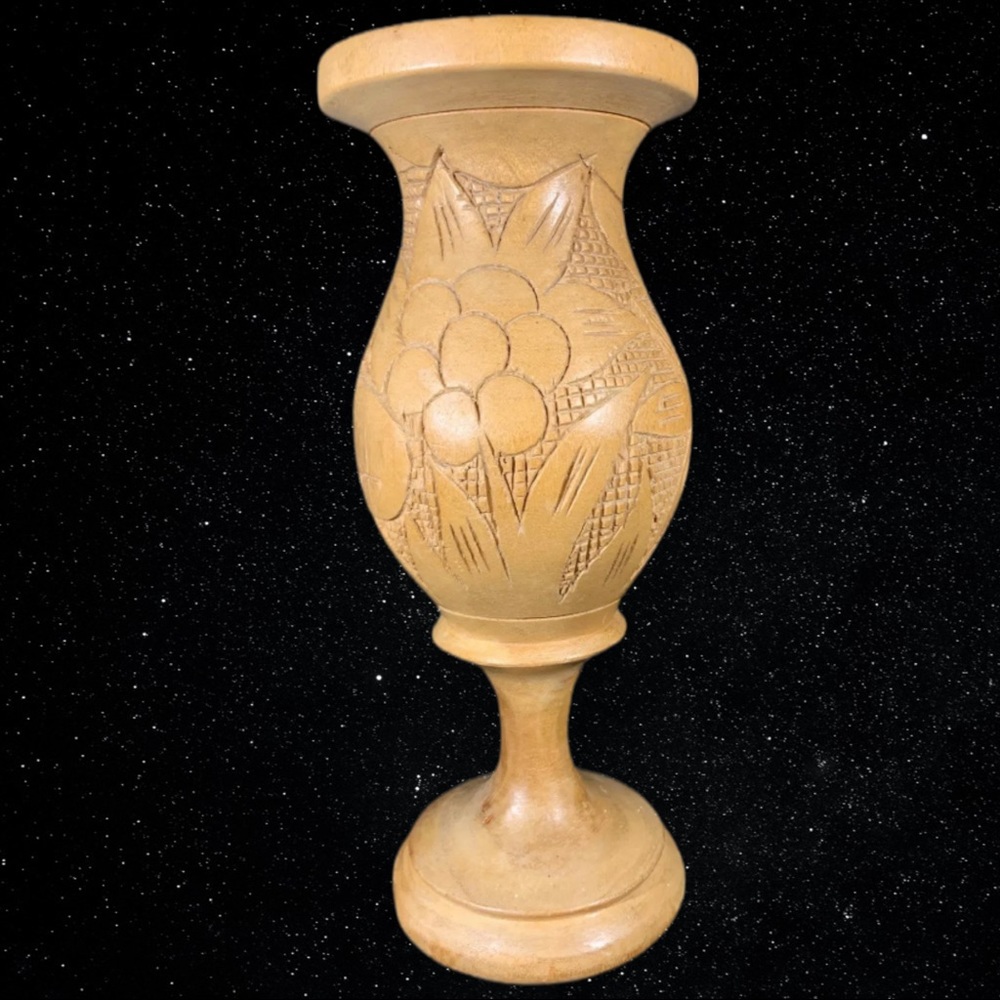 Vintage Hand Carved Wood Polished Bud Etched Flower Vase 10”T 4.5”W